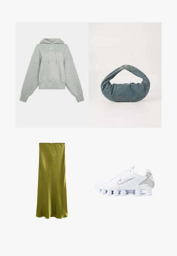 Sweat-shirt court gris en tissu doux. Dispose d'une capuche réglable avec cordon, de manches larges et d'un petit logo à l'avant.; Next REGULAR FIT - Jupe longue - khaki green; Baskets de sport blanches avec tige en mesh, accents argentés et un design de semelle en spirale unique. Comprend un collier rembourré et un système de laçage pour un ajustement parfait.; Sac en denim bleu avec une forme arrondie et rembourrée et une poignée courbée. La texture est douce, avec des coutures visibles et une finition lisse.; Boucles d'oreilles en argent en forme de hoop, avec une surface lisse et polie et une forme circulaire mince. Le design comprend un fermoir sécurisé.