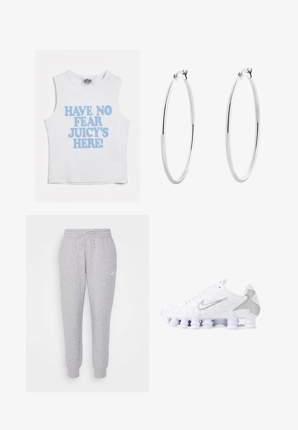 Graue, verkürzte Kapuzenjacke aus weichem Stoff. Sie verfügt über eine verstellbare Kapuze mit Zugband, weite Ärmel und ein kleines Logo auf der Vorderseite.; Weißes ärmelloses Crop-Top mit auffälligem blauen Text, der "HABE KEINEN ANFANG, JUICY IST HIER!" liest! Weicher Baumwollstoff mit rundem Ausschnitt.; Hellgraue Sweatpants mit einem Kordelzug in der Taille, schmal zulaufenden Beinen und einem kleinen weißen Logo am linken Oberschenkel. Hergestellt aus einem weichen, strukturierten Stoff.; Weiße Sportschuhe mit einem oberen Teil aus Mesh, silbernen Akzenten und einem einzigartigen Spiralsohlendesign. Verfügt über einen gepolsterten Schaft und eine Schnürung für optimalen Halt.; Silberne Creolen mit einer glatten, polierten Oberfläche und einer dünnen, runden Form. Das Design verfügt über einen sicheren Verschluss.