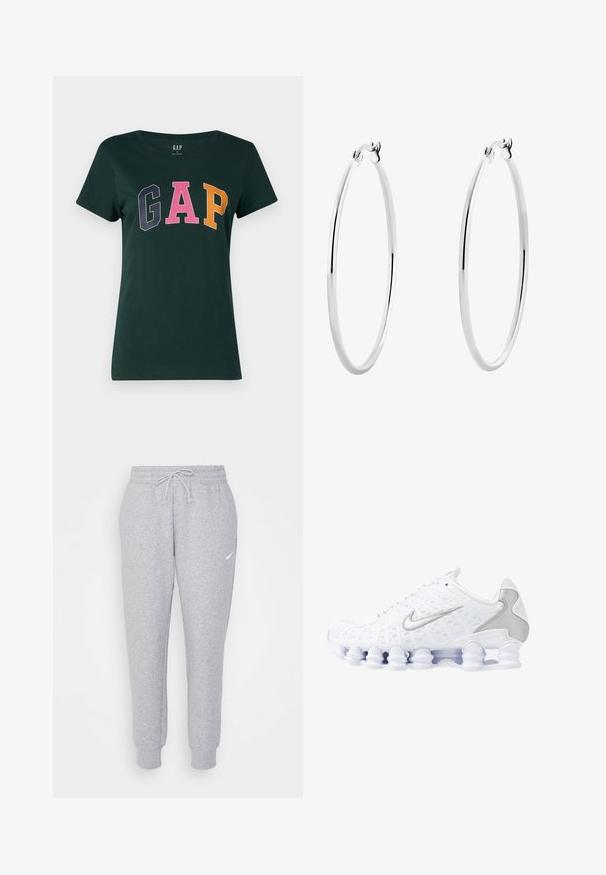 Szara krótka bluza z kapturem, wykonana z miękkiego materiału. Posiada regulowany kaptur, szerokie rękawy oraz małe logo z przodu.; Ciemnozielona bawełniana koszulka z okrągłym dekoltem, z napisem "GAP" dużymi, wielokolorowymi literami w blokowym stylu: granatowym, różowym i pomarańczowym.; Jasnoszare dresy z regulowanym pasem, zwężanymi nogawkami i małym białym logo na lewej udzie. Wykonane z miękkiego, teksturowanego materiału.; Białe buty sportowe z siateczkową cholewką, srebrnymi akcentami i unikalnym designem podeszwy w postaci cewki. Posiadają wyściełany kołnierz oraz zapięcie na sznurowadła dla lepszego dopasowania.; Srebrne kolczyki w formie obręczy z gładką, polerowaną powierzchnią i cienkim, okrągłym kształtem. Wzór posiada pewne zapięcie.