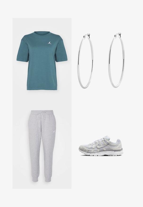 Grå cropped hoodie lavet af blødt materiale. Har en justerbar hætte med snoretræk, brede ærmer og et lille logo på forsiden.; Jordan TEE - T-shirts basic - oxidized green; Lys grå sweatpants med snor i taljen, tapered ben og et lille hvidt logo på venstre lår. Fremstillet af et blødt, tekstureret stof.; Lys grå atletik sko med en overdel i mesh og syntetiske materialer, der har snørebånd, polstret krave og struktureret sål for godt greb.; Sølv hoops øreringe med en glat, poleret overflade og en tynd, cirkulær form. Designet har en sikker låsemekanisme.