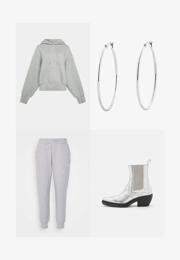 Grå kortärmad hoodie i mjukt tyg. Har en justerbar dragsko i huooden, vida ärmar och en liten logotyp på framsidan.; Ljust grå sweatpants med dragsko i midjan, smalnande ben och en liten vit logotyp på vänster lår. Tillverkade av ett mjukt, strukturerat tyg.; Silverfärgade metalliska anklarstövlar med spetsiga tår, strukturerad ovandel, elastiska sidopaneler och en skulpterad svart klack. Dekorativt sömnadsmönster.; Silverörhängen i ringform med en slät, polerad yta och en sömlös design, med rundade kanter och ett säkert lås.