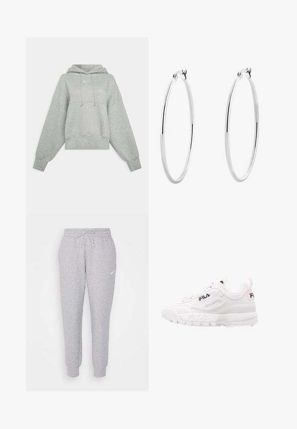 Sudadera recortada gris hecha de tejido suave. Cuenta con una capucha ajustable con cordón, mangas anchas y un pequeño logo en la parte delantera.; Pantalones de chándal de color gris claro con cintura ajustable, piernas ajustadas y un pequeño logo blanco en el muslo izquierdo. Hechos de una tela suave y texturizada.; Zapatilla deportiva blanca con un collar acolchado, parte superior de malla y cuero sintético, detalle del logo en rojo y azul marino, y una suela gruesa de goma.; Pendientes de aro de plata con una superficie lisa y pulida y una forma circular delgada. El diseño cuenta con un cierre seguro.