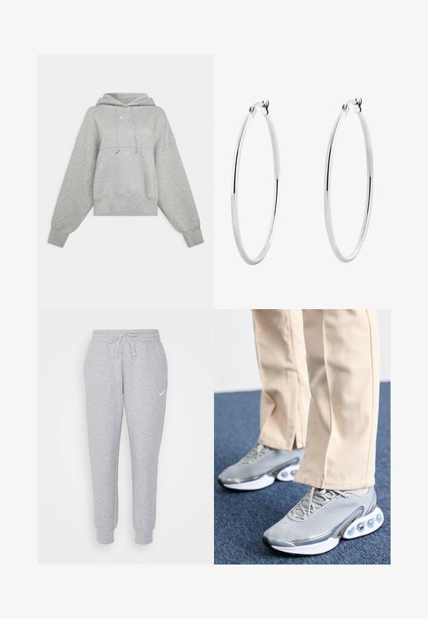 Šedá zkrácená mikina s kapucí vyrobená z měkkého materiálu. Má nastavitelnou kapuci, široké rukávy a malé logo na přední straně.; Světle šedé tepláky s nastavitelným pasem, zužujícími se nohavicemi a malým bílým logem na levém stehně. Vyrobené z měkké, strukturované látky.; Šedé sportovní boty s síťovinovým svrškem, zaoblenou špičkou a polstrovanou podrážkou; obsahují malé vzduchové bubliny v podrážce pro lepší oporu.; Stříbrné kruhové náušnice s hladkým, leštěným povrchem a tenkým, kruhovým tvarem. Design obsahuje bezpečné zapínání.