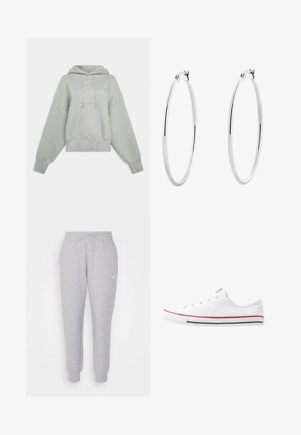 Siva skraćena dukserica napravljena od mekog materijala. Ima podesivu kapuljaču, široke rukave i mali logo sprijeda.; Svijetlosive trenirke s elastičnom trakicom u struku, sužene nogavice i mali bijeli logo na lijevom bedru. Izrađene su od mekog, teksturiranog materijala.; Bijele platnene teniske niske klase s crvenim i plavim naglascima, okrugli vrh i gumeni potplat. Ima šest rupica za vezivanje.; Srebrne naušnice u obliku obruča s glatkom, poliranom završnom obradom i besprijekornim dizajnom, s zaobljenim rubovima i sigurnim kopčama.