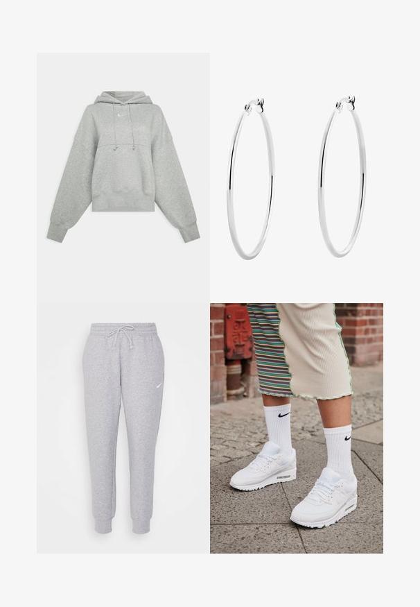 Szara krótka bluza z kapturem, wykonana z miękkiego materiału. Posiada regulowany kaptur, szerokie rękawy oraz małe logo z przodu.; Jasnoszare dresy z regulowanym pasem, zwężanymi nogawkami i małym białym logo na lewej udzie. Wykonane z miękkiego, teksturowanego materiału.; Białe sneakersy Nike Air Max 90 z siateczkową i skórzaną cholewką, z widoczną jednostką Air, w połączeniu z białymi skarpetami ribbingowymi z czarnym logo.; Srebrne kolczyki w formie obręczy z gładką, polerowaną powierzchnią i cienkim, okrągłym kształtem. Wzór posiada pewne zapięcie.