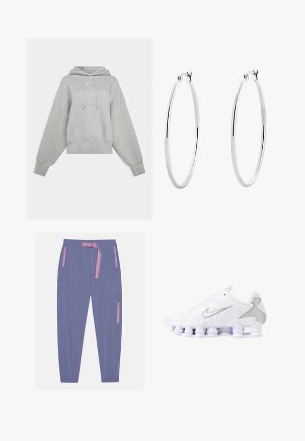 Grijze cropped hoodie van zacht materiaal. Heeft een verstelbare trekkoordcapuchon, brede mouwen en een klein logo op de voorkant.; Even&Odd active Outdoorbroeken - blue/grey; Witte sportieve schoenen met een bovenwerk van mesh, zilveren accenten en een unieke spiraalzoolontwerp. Voorzien van een gevoerd kraag en vetersluiting voor een goede pasvorm.; Zilveren oorringen met een gladde, gepolijste oppervlakte en een dunne, ronde vorm. Het ontwerp heeft een veilige sluiting.