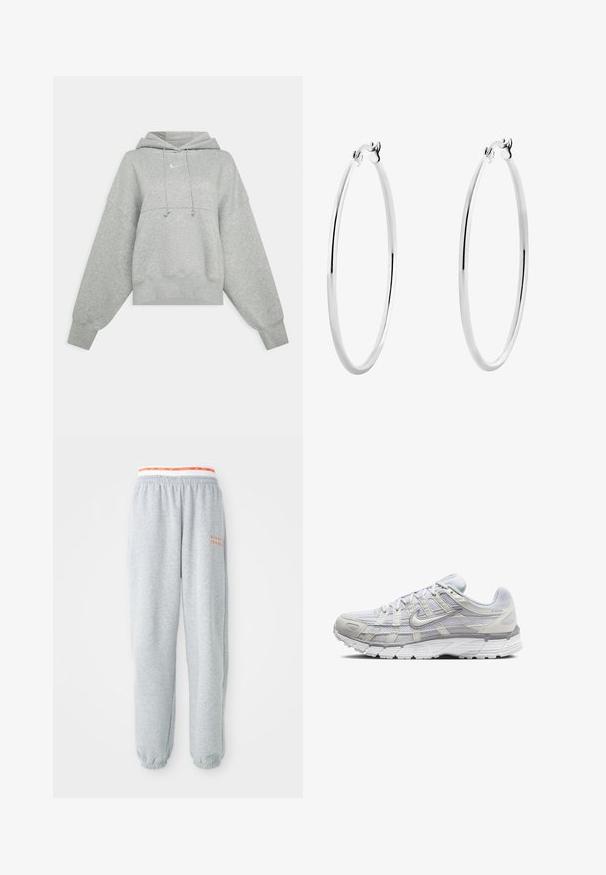 Šedá zkrácená mikina s kapucí vyrobená z měkkého materiálu. Má nastavitelnou kapuci, široké rukávy a malé logo na přední straně.; Šedé tepláky s elastickým pasem, na kterých je vyobrazené červenobílé logo Nike. Manžety na kotnících, měkká látka a volný střih.; Světle šedé sportovní boty s vrchní částí z síťoviny a syntetického materiálu, vybavené šněrováním, polstrovaným límcem a texturovanou podrážkou pro lepší přilnavost.; Stříbrné kruhové náušnice s hladkým, leštěným povrchem a bezšvým designem, s zaoblenými hranami a bezpečným zapínáním.