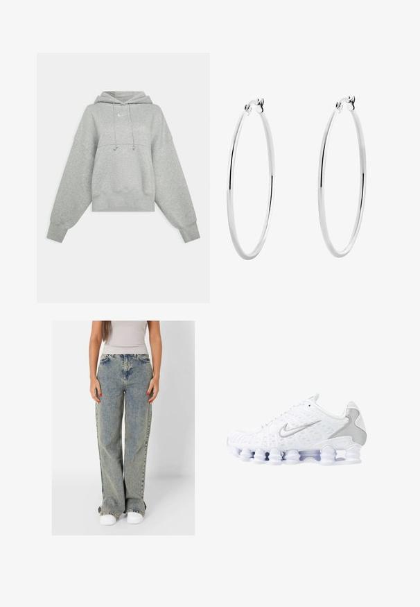 Felpa corta grigia realizzata in tessuto morbido. Presenta un cappuccio con cordino regolabile, maniche ampie e un piccolo logo sul davanti.; Jeans a gamba larga di un azzurro chiaro, realizzati in denim, con vita alta, lavaggio sbiadito e cuciture a contrasto. Abbinati a sneakers bianche.; Scarpe sportive bianche con tomaia in rete, dettagli argentati e un design unico della suola a molla. Presentano un colletto imbottito e chiusura con lacci per una vestibilità ottimale.; Orecchini a cerchio in argento con una superficie liscia e lucida e una forma circolare sottile. Il design presenta una chiusura sicura.