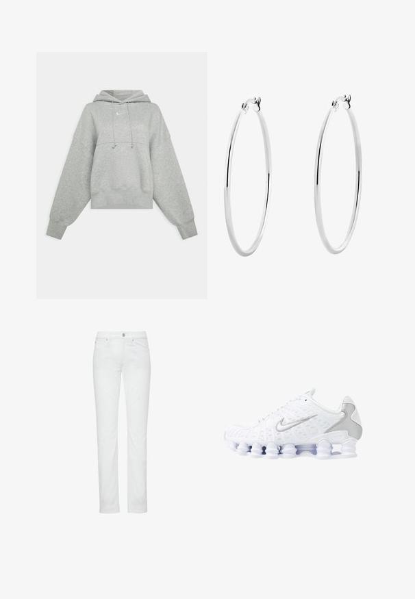 Sweat-shirt court gris en tissu doux. Dispose d'une capuche réglable avec cordon, de manches larges et d'un petit logo à l'avant.; Jeans blancs fuselés au toucher lisse, avec un design à cinq poches et une fermeture à bouton métallique à la taille. Tissu légèrement extensible.; Baskets de sport blanches avec tige en mesh, accents argentés et un design de semelle en spirale unique. Comprend un collier rembourré et un système de laçage pour un ajustement parfait.; Boucles d'oreilles en argent en forme de hoop, avec une surface lisse et polie et une forme circulaire mince. Le design comprend un fermoir sécurisé.