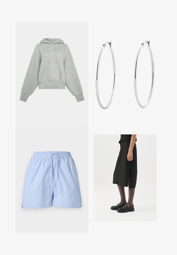 Felpa corta grigia realizzata in tessuto morbido. Presenta un cappuccio con cordino regolabile, maniche ampie e un piccolo logo sul davanti.; Pantaloni corti a quadri blu e bianchi con vita elastica e lacci regolabili. Tessuto di cotone morbido, vestibilità comoda e aperture laterali.; Gonna nera alla lunghezza del ginocchio con spacco laterale, abbinata a mocassini neri e collant trasparenti marroni, caratterizzata da un tessuto liscio e un design semplice.; Orecchini a cerchio in argento con una superficie liscia e lucida e una forma circolare sottile. Il design presenta una chiusura sicura.