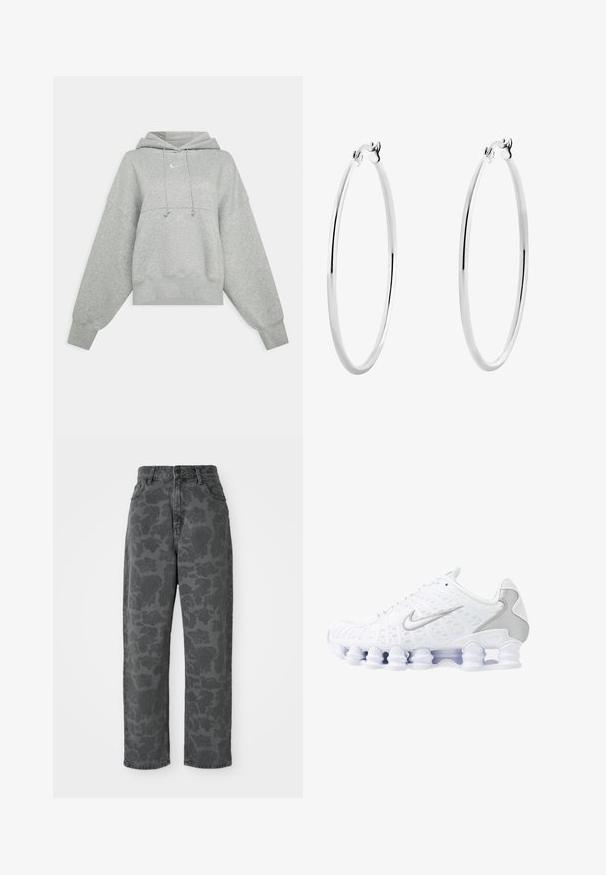 Sweat-shirt court gris en tissu doux. Dispose d'une capuche réglable avec cordon, de manches larges et d'un petit logo à l'avant.; Jean en denim gris avec un motif floral, taille haute, coupe droite et design classique à cinq poches. Tissu durable avec une légère texture.; Baskets de sport blanches avec tige en mesh, accents argentés et un design de semelle en spirale unique. Comprend un collier rembourré et un système de laçage pour un ajustement parfait.; Boucles d'oreilles en argent en forme de hoop, avec une surface lisse et polie et une forme circulaire mince. Le design comprend un fermoir sécurisé.