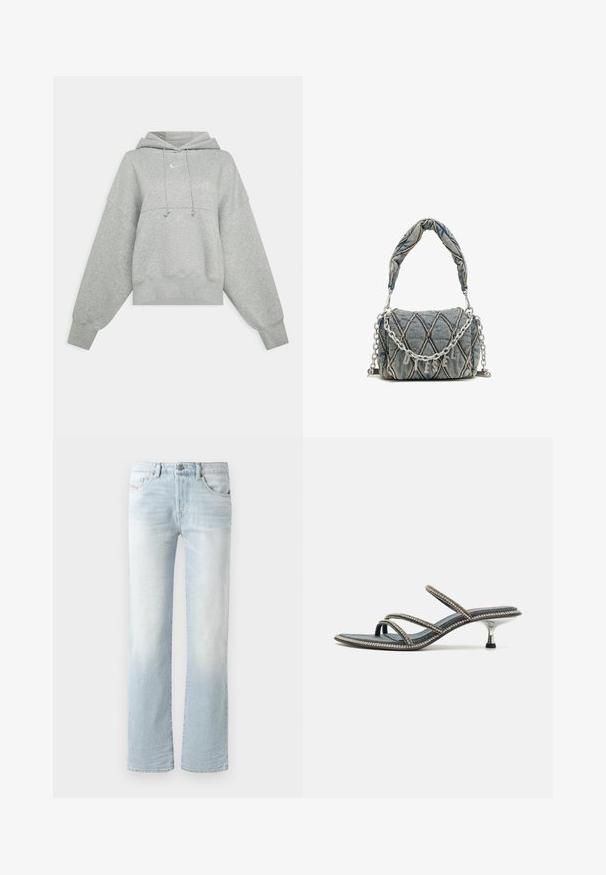 Siva skraćena dukserica napravljena od mekog materijala. Ima podesivu kapuljaču, široke rukave i mali logo sprijeda.; Svijetloplave traperice s ravnim krojem, s izbleđenjem, pet džepova i prednjim zatvaranjem na dugme.; Denimske sandale s tri tanke trake ukrašene rhinestones, šiljastim vrhom i metalnim, stiletto petama. Osnova otporna na klizanje.; Torba od traperice s kvadratnim uzorkom, plave boje, kratkog pletenog ručka i srebrne lančane narukvice s metalnim natpisom branda.