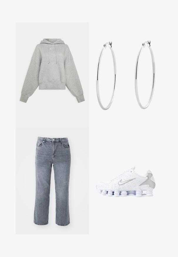 Grijze cropped hoodie van zacht materiaal. Heeft een verstelbare trekkoordcapuchon, brede mouwen en een klein logo op de voorkant.; Grijze, hooggesneden jeans van denim, met een rechte pijp, dubbele zijzakken en een enkele achterzak met subtiele vervaging.; Witte sportieve schoenen met een bovenwerk van mesh, zilveren accenten en een unieke spiraalzoolontwerp. Voorzien van een gevoerd kraag en vetersluiting voor een goede pasvorm.; Zilveren oorringen met een gladde, gepolijste oppervlakte en een dunne, ronde vorm. Het ontwerp heeft een veilige sluiting.