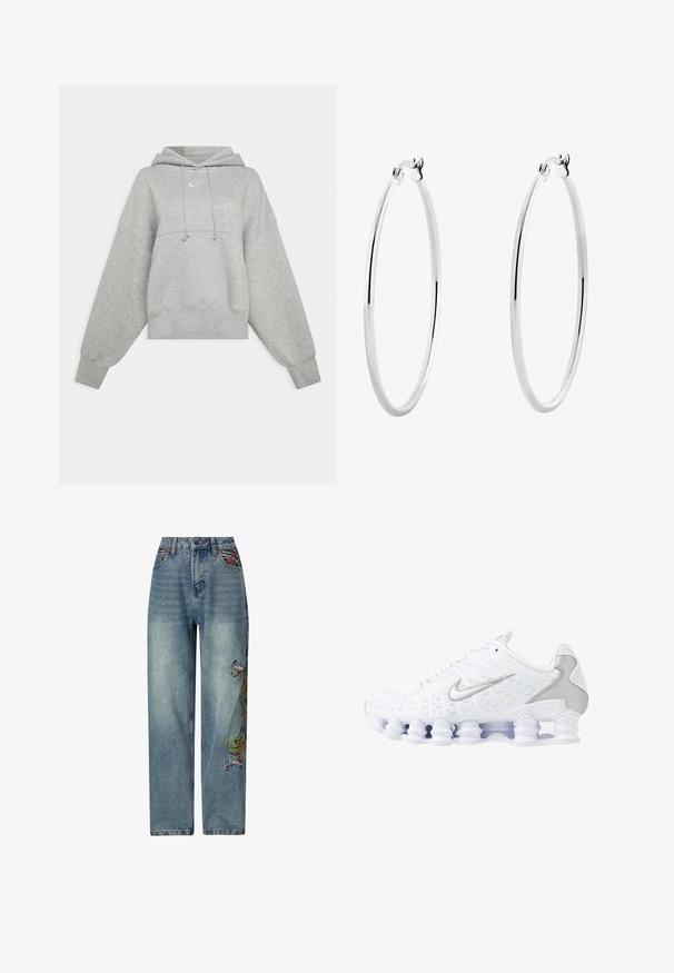Graue, verkürzte Kapuzenjacke aus weichem Stoff. Sie verfügt über eine verstellbare Kapuze mit Zugband, weite Ärmel und ein kleines Logo auf der Vorderseite.; Helle blaue Denim-Jeans mit geradem Bein, ausgestattet mit bunten gestickten Details auf der linken Seite und einem klassischen Fünf-Taschen-Stil.; Weiße Sportschuhe mit einem oberen Teil aus Mesh, silbernen Akzenten und einem einzigartigen Spiralsohlendesign. Verfügt über einen gepolsterten Schaft und eine Schnürung für optimalen Halt.; Silberne Creolen mit einer glatten, polierten Oberfläche und einer dünnen, runden Form. Das Design verfügt über einen sicheren Verschluss.