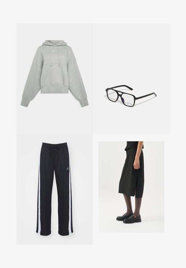Graue, verkürzte Kapuzenjacke aus weichem Stoff. Sie verfügt über eine verstellbare Kapuze mit Zugband, weite Ärmel und ein kleines Logo auf der Vorderseite.; Schwarze Sporthosen mit entspannter Passform, ausgestattet mit weißen Seitenstreifen und einem Kordelzugbund. Enthält ein kleines Logo auf der Vorderseite.; Schwarzer knielanger Rock mit seitlichem Schlitz, kombiniert mit schwarzen Loafers und transparenten braunen Strumpfhosen, aus glattem Stoff und mit einem schlichten Design.; Schwarze rechteckige Brille mit klaren Gläsern und einem dezenten lila Schimmer, ausgestattet mit schlanken Bügeln und einem minimalistischen Design.; Silberne Creolen mit einer glatten, polierten Oberfläche und einer dünnen, runden Form. Das Design verfügt über einen sicheren Verschluss.