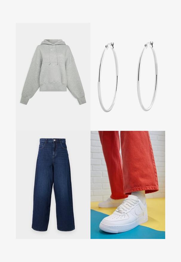 Sivka skrajšana kapuca iz mehke tkanine. Ima nastavljivo kapuco s vrvico, široke rokave in majhen logotip spredaj.; Široke temno modre kavbojke z visokim pasom, petimi žepi in gumbom za zapiranje. Tkanina ima gladko teksturo z rahlim zbledelostjo.; Beli usnjeni športni čevlji s perforiranim prstnim delom, teksturiranim podplatom in belimi vezalkami, v kombinaciji s širokimi rdečimi hlačami in modro-rumeno ozadje.; Srebrni obroči za ušesa z gladko, polirano površino in tanko, okroglo obliko. Oblikovanje vključuje varen zaponko.