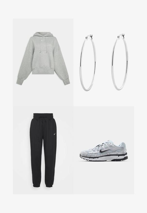Grå kortärmad hoodie i mjukt tyg. Har en justerbar dragsko i huooden, vida ärmar och en liten logotyp på framsidan.; Svarta joggingbyxor i mjuk bomullsblandning, med elastisk midja och dragsko samt elastiska mudd. Nike-logotyp på vänster lår.; Nike P-6000 sneakers med en ljusgrå nätövre, svarta accenter och en hållbar sula i svart gummi. Har en intrikat design och snörningssystem.; Silverörhängen med en slät, polerad yta och en tunn, cirkulär form. Designen har en säker låsning.