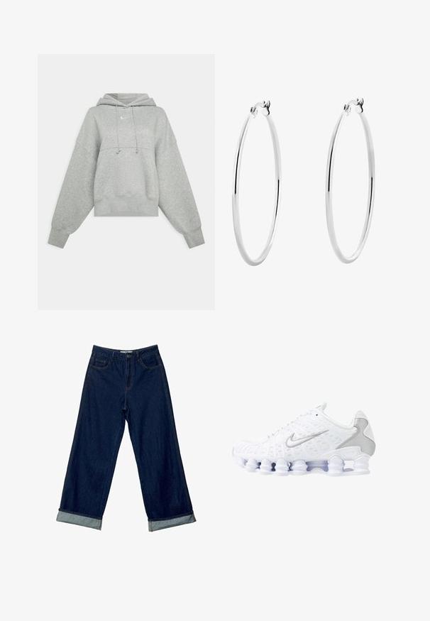 Grå kortärmad hoodie i mjukt tyg. Har en justerbar dragsko i huooden, vida ärmar och en liten logotyp på framsidan.; Stradivarius BAGGY - Flared jeans - dark blue; Vita sportskor med nätöverdel, silverdetaljer och en unik spiral såldesign. Har vadderad krage och snörning för passform.; Silverörhängen i ringform med en slät, polerad yta och en sömlös design, med rundade kanter och ett säkert lås.