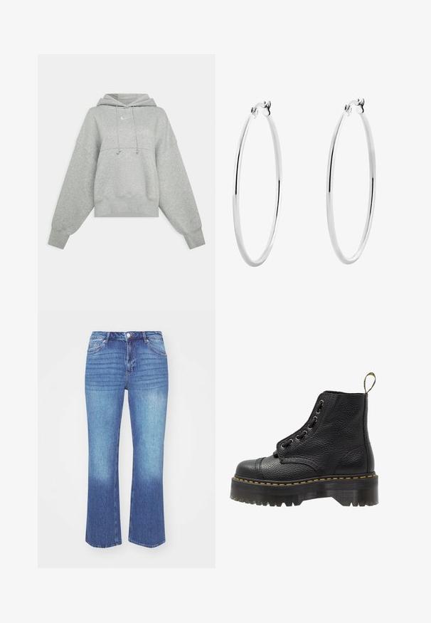 Grå kortärmad hoodie i mjukt tyg. Har en justerbar dragsko i huooden, vida ärmar och en liten logotyp på framsidan.; Jeans i en ljus till medelblå gradient. Har en rak benpassform, fem fickor och sydda detaljer längs sömmarna.; Svart läderankelboot med texturerad yta, rund tå, snörningsdesign, gul stygn och en tjock, mönstrad svart plattformssula.; Silverörhängen i ringform med en slät, polerad yta och en sömlös design, med rundade kanter och ett säkert lås.