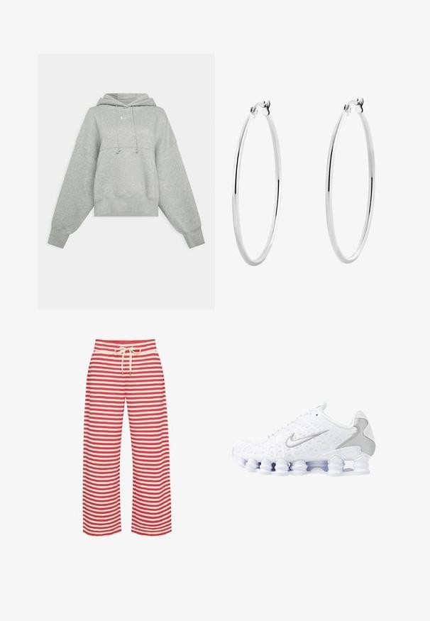 Pilkas trumpas gobtuvas, pagamintas iš švelnios medžiagos. Sukurtas su reguliuojamu raiščiu prie gobtuvo, plačiomis rankovėmis ir mažu logotipu priekyje.; Raudonos ir kremiškai baltos dryžuotos plačios kelnės, su elastinga juosta ir raišteliu, glotnia medžiaga ir laisvo silueto dizainu.; Balti sportiniai batai su tinkline viršutine dalimi, sidabro akcentais ir unikaliu spiraliniu padu. Yra paminkštinta apykaklė ir raištelių užsegimas, kad būtų patogu.; Sidabriniai auskarai žiedai su lygiu, poliruotu paviršiumi ir plonu, apvaliu formatu. Dizainas turi saugų užsegimą.