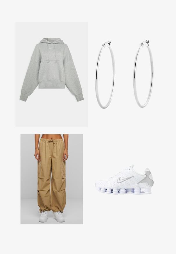 Sivka skrajšana kapuca iz mehke tkanine. Ima nastavljivo kapuco s vrvico, široke rokave in majhen logotip spredaj.; Bež hlače s cargo krojem, z elastičnim pasom, vrvico in stranskimi žepi. Imajo zbrane manšete in lahkotno, gladko tkanino.; Beli športni čevlji z mrežasto zgornjico, srebrnimi detajli in edinstvenim dizajnom podplata s tuljavami. Imajo obloženo ovratnik in zapiranje na vezalke za boljše prileganje.; Srebrni obroči za ušesa z gladko, polirano površino in tanko, okroglo obliko. Oblikovanje vključuje varen zaponko.