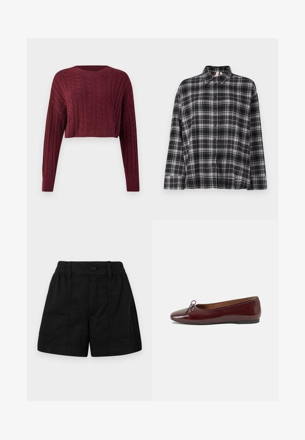 Burgundy cropped sweater with a cable knit pattern, long sleeves, and a ribbed neckline and cuffs, displaying textured fabric.; Black and gray plaid button-up shirt with a collar, long sleeves, and a relaxed fit. Fabric appears soft with a slight texture.; Black cotton shorts with an elastic waistband and a button closure, featuring two front pockets and a straight cut. Smooth texture.; Burgundy patent leather ballet flat with a rounded toe, small bow accent at the front, and a low, black rubber sole. Smooth texture.