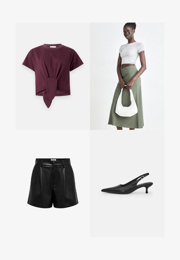 Bordo trumpas megztinis su kabelių raštu, ilgomis rankovėmis ir prisuktomis apykakle bei rankogaliais, atskleidžiantis tekstūruotą medžiagą.; Raudonvynio spalvos trumpas rankovėmis marškinėliai, pagaminti iš medvilnės, su mazgo detale ties liemeniu ir klasikiniu apvaliu kaklu.; Juodos ir pilkos langeliais marškiniai su apykakle, ilgomis rankovėmis ir laisva danga. Audinys atrodo minkštas su lengva tekstūra.; Juodos dirbtinės odos aukštos juosmens šortai su diržo kilpomis, priekinėmis raukšlėmis ir užslėptu užtrauktuku, etiketė "ONLY" vidinėje juostos pusėje.; Juodos odinės slingback bateliai su smailiu nosiu ir plonu, lenktu kulnu. Yra diskretiška reguliuojama juostelė su metaliniu sagtimi.; Pilka juostuota trumpa palaidinė ir alyvuogių žalios spalvos aukšto liemens sijonas. Modelis laiko baltą petį krepšį su išpjovomis. Paprastas dizainas, prigludusi siluetas.