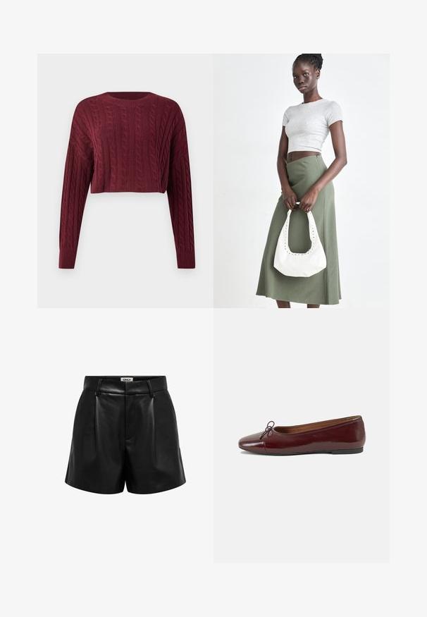 Burgundi vörös cropped pulóver kábel kötés mintával, hosszú ujjú, bordás gallérral és mandzsettával, texturált anyaggal.; Fekete műbőr, magas derekú sort övlyukakkal, elülső redőkkel és rejtett cipzáras záródással, az övrész belső oldalán az "ONLY" felirattal.; Burgundi lakkbőr balettcipő kerek orral, elöl kis masni díszítéssel és alacsony, fekete gumi talppal. Simára csiszolt felület.; Szürke bordázott cropped top és olajzöld, magas derékú szoknya. A modellen egy fehér válltáska van, amely kivágott részletekkel rendelkezik. Egyszerű dizájn, testhezálló sziluett.