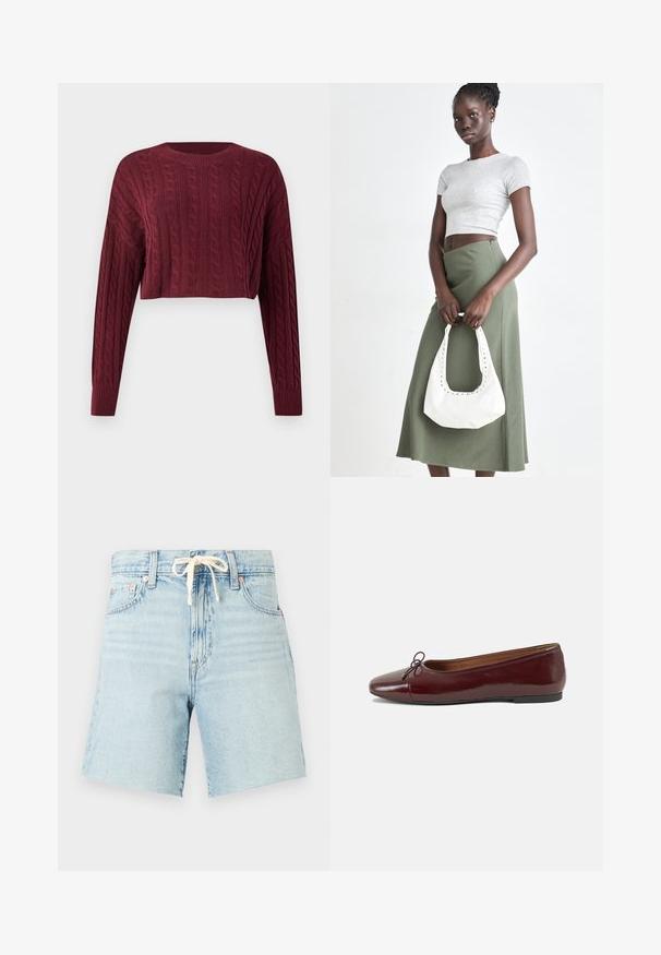 Burgundský zkrácený svetr s pleteným vzorem, dlouhými rukávy a žebrovaným výstřihem a manžetami, zobrazuje texturovanou látku.; Svetle modré džínové šortky s páskem na stažení v pase, lehce roztrhaným lemem a pěti kapsami. Mají vybledlou strukturu a měděné nýty jako ozdobu.; Burgundské lakové baleríny s kulatou špičkou, malou mašlí vpředu a nízkou černou gumovou podrážkou. Hladký povrch.; Šedý pruhovaný crop top a olivově zelená sukně s vysokým pasem. Modelka drží bílou kabelku přes rameno s výřezovými detaily. Jednoduchý design, přiléhavý silueta.