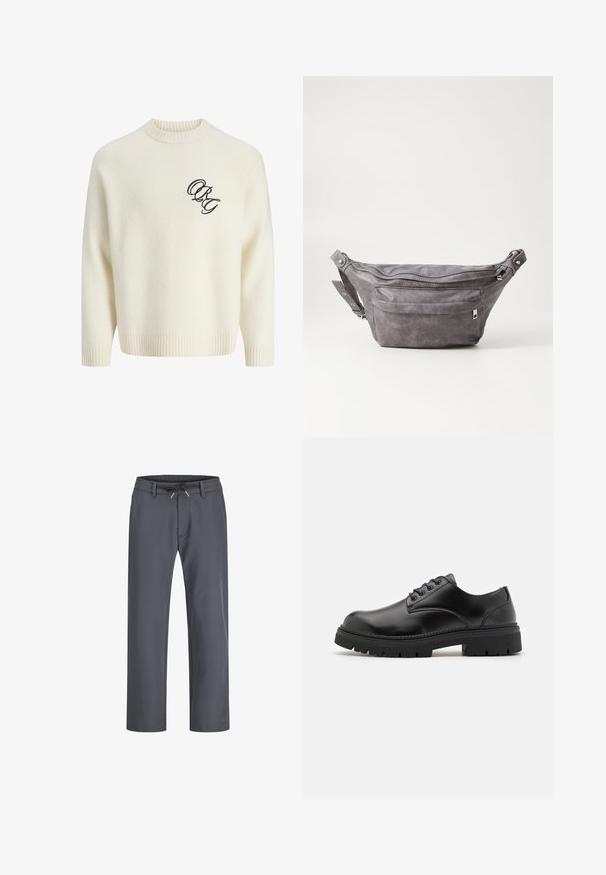 Kremfarget strikket genser med ribbestrikkede mansjetter og kant, med en brodert svart logo på venstre front. Rund hals og avslappet passform.; Grå bukser med elastisk midjebånd og snor. Rett ben-design, laget av glatt stoff, med minimalt søm og uten synlig utstyr.; Sorte lær sko med rund tå, snøring og en tykk, teksturert gummisåle. Har søm langs kanten og en glatt overflate.; Grå semsket fanny pack med avrundet form, to glidelåslommer og justerbar stropp. Har metallbeslag som detaljer.