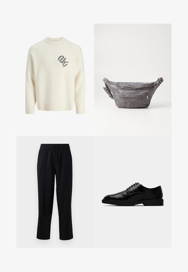 Suéter tricotado de cor creme com punhos e bainha canelados, apresentando um logotipo preto bordado no lado esquerdo da frente. Decote redondo, ajuste descontraído.; Calças pretas feitas de um tecido leve e macio. Apresentam uma cintura elástica com cordão, design de perna reta e pregas frontais.; Shoe dress de couro preto com acabamento liso, bico arredondado, design de atacadores e sola de borracha discreta para tração.; Pochete cinza em camurça com forma arredondada, dois compartimentos com fecho éclair e alça ajustável. Apresenta detalhes em metal.