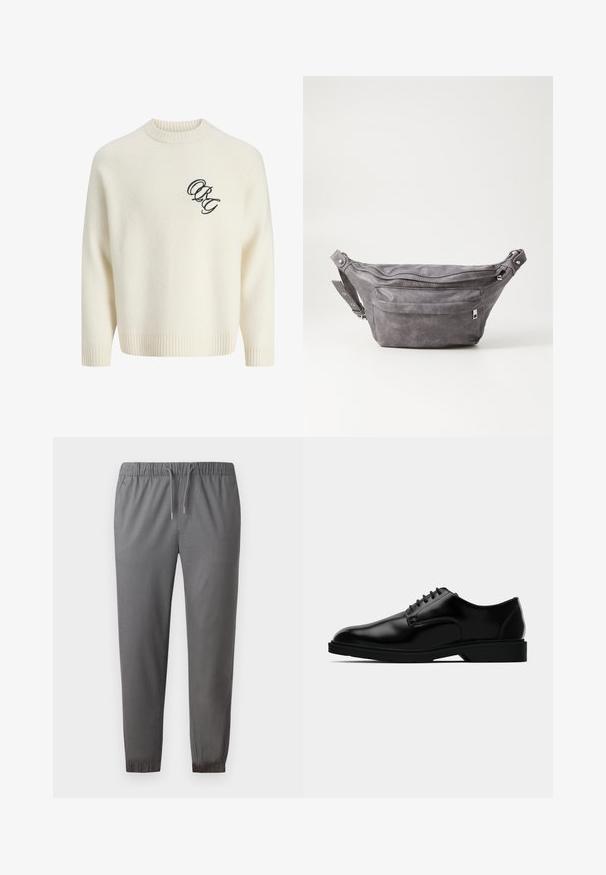 Pull en tricot de couleur crème avec des poignets et un ourlet côtelés, arborant un logo noir brodé sur le devant à gauche. Encolure ronde, coupe décontractée.; Pantalons de jogging gris en tissu doux, avec une taille élastique et un cordon de serrage, des chevilles côtelées et une texture lisse.; Chaussure habillée en cuir noir avec une finition lisse, bout rond, système de laçage, et semelle en caoutchouc discrète pour une meilleure traction.; Sac banane en suède gris avec une forme arrondie, deux compartiments zippés et une sangle réglable. Comprend des accents en métal.