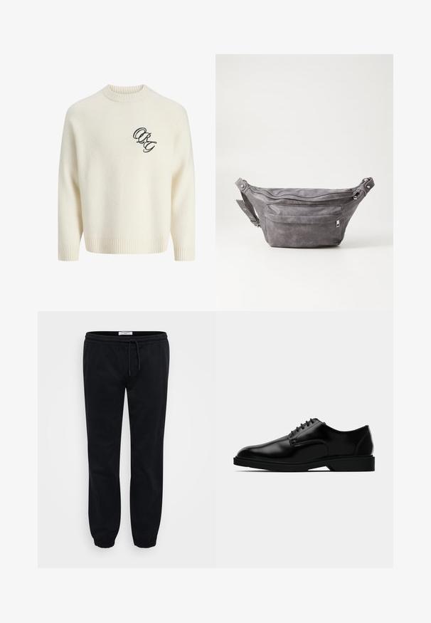 Cremefarvet strikket sweater med ribbede manchetter og kant, prydet med et broderet sort logo på venstre front. Rund hals, afslappet pasform.; Sorte sweatpants lavet af blødt bomuld med elastisk talje og snor. Har elastiske manchetter og sidelommer for praktisk anvendelse.; Sorte læder dress sko med en glat finish, rund tå, snørebåndsdesign og diskret gummisål for godt greb.; Grå suedefanny pack med en rund form, to lynlåslommer og justerbart strop. Har metalhardware detaljer.
