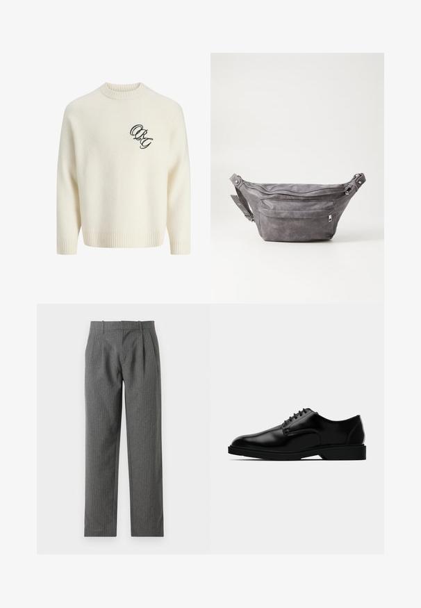Cremefarbenes Strickpullover mit gerippten Bündchen und Saum, mit einem gestickten schwarzen Logo auf der linken Vorderseite. Rundhalsausschnitt, lockere Passform.; Graue, gestreifte Hose aus einem strukturierten Stoff. Sie hat eine hohe Taille mit Falten und ein gerades Bein-Design.; Schwarze Lederdressschuhe mit glatter Oberfläche, rundem Zehenbereich, schnürbarem Design und unauffälliger Gummisohle für besseren Halt.; Graue Wildleder-Gürteltasche mit runder Form, zwei mit Reißverschluss verschlossenen Fächern und verstellbarem Trageriemen. Mit metallischen Hardware-Akzenten.