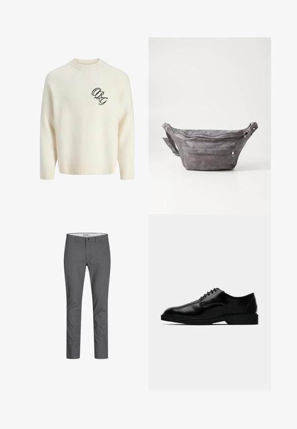 Sweter w kolorze kremowym, robiony na drutach, z ściągaczami na rękawach i u dołu, z haftowanym czarnym logo z przodu po lewej stronie. Okrągły dekolt, luźny krój.; Szare bawełniane spodnie o prostym kroju, z zamknięciem na przedni guzik i pętelkami na pasek. Gładka faktura bez widocznych wzorów czy akcentów.; Czarne skórzane buty dressowe o gładkim wykończeniu, zaokrąglonym nosku, wiązanym fasonie oraz dyskretną gumową podeszwą zapewniającą przyczepność.; Szara zamszowa saszetka biodrowa o zaokrąglonym kształcie, z dwoma zasuwanymi komorami i regulowanym paskiem. Wyróżnia się metalowymi akcentami.