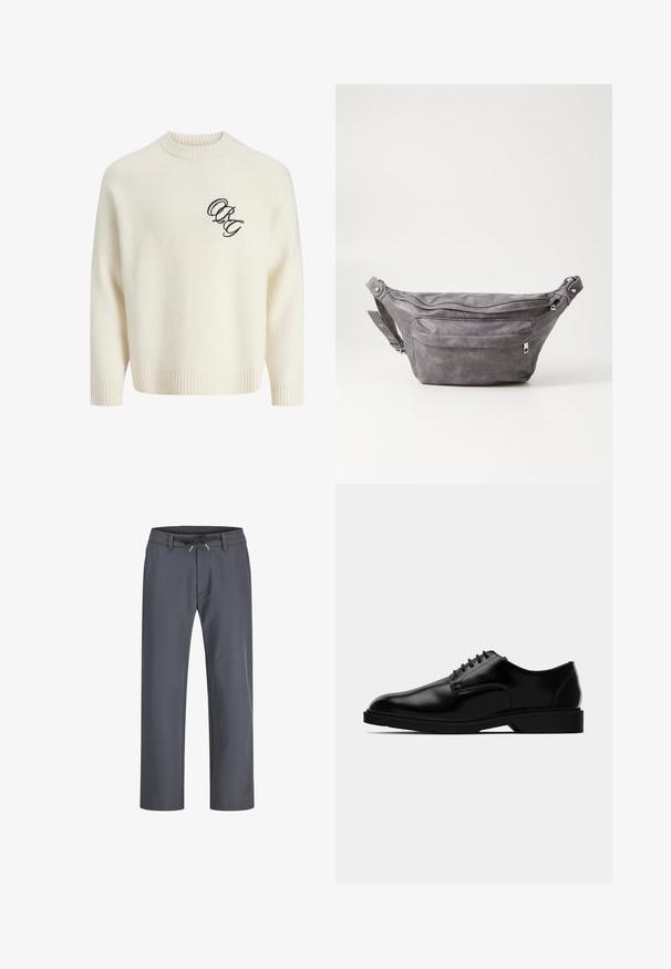 Pull en tricot de couleur crème avec des poignets et un ourlet côtelés, arborant un logo noir brodé sur le devant à gauche. Encolure ronde, coupe décontractée.; Pantalons gris à taille élastique avec cordon de serrage. Conception à jambes droites, fabriqués en tissu lisse, présentent des coutures minimales et aucun matériel visible.; Chaussure habillée en cuir noir avec une finition lisse, bout rond, système de laçage, et semelle en caoutchouc discrète pour une meilleure traction.; Sac banane en suède gris avec une forme arrondie, deux compartiments zippés et une sangle réglable. Comprend des accents en métal.