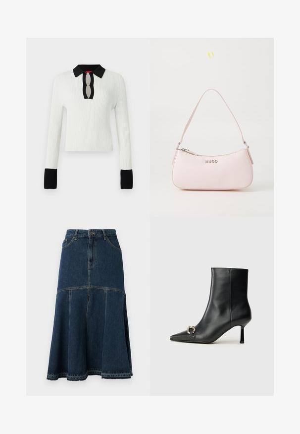 Top alb cu dungi tricotate, cu guler și manșete negre, având un detaliu de decolteu cu tăietură în formă de cheie. Cu mâneci lungi și un design ajustat.; Fustă din denim de culoare albastră închisă, cu o formă evazată, având talie înaltă, buzunare frontale și tiv brut. Textură uzată și detalii de cusătură.; Botine negre din piele, cu vârf ascuțit, toc subțire de înălțime medie și detaliu cu cataramă argintie pe lateral, pe un fundal simplu.; Geantă de mână din piele roz, cu un design curbat, închidere cu fermoar și curea de umăr. Prezintă un logo argintiu în față.