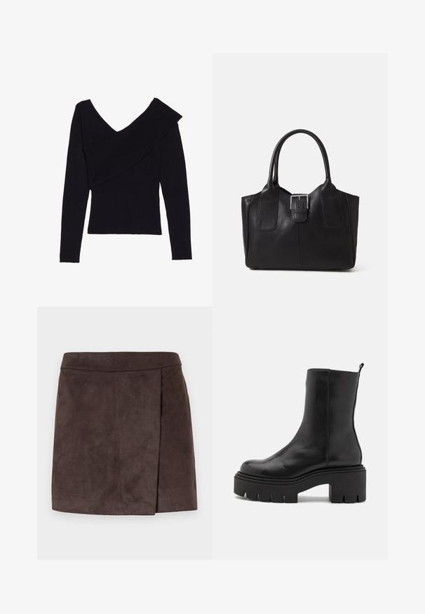 Even&Odd Džemperis - black; Rudas dirbtinio suko mini sijonas su lygia tekstūra, turintis šoninio pliso detalę, tiesų kraštą ir prigludusią juosmenį.; Juodos odinės kulkšninių botai su stambiu platformos padu, turintys lygų paviršių ir kilpą gale, skirta patogiam užsidėjimui.; Juodas odinis nešiojamas krepšys su lygiu paviršiumi, struktūrine forma, dviem rankenėlėmis ir ryškiu sidabriniu sagties akcentu priekyje.