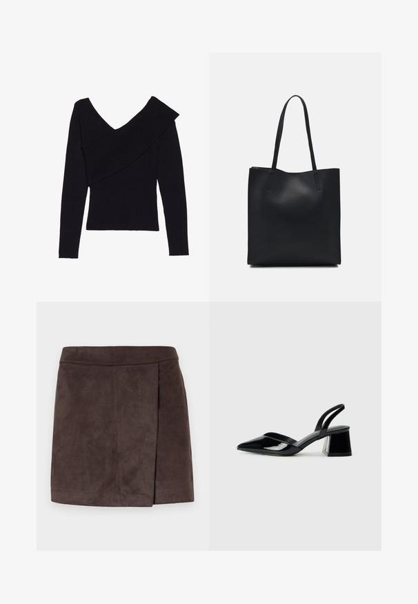 Even&Odd Pullover - black; Mini-jupe en similicuir suédé marron avec une texture lisse, présentant un détail de pli sur le côté, un ourlet droit et une taille ajustée.; Escarpins en cuir verni noir avec bout pointu et talon bloc géométrique. Présente un design élégant et minimaliste ainsi qu'une texture lisse.; Sac fourre-tout en cuir noir avec une texture lisse, de forme rectangulaire et deux longues poignées. Pas de matériel ou d'ornementations visibles.