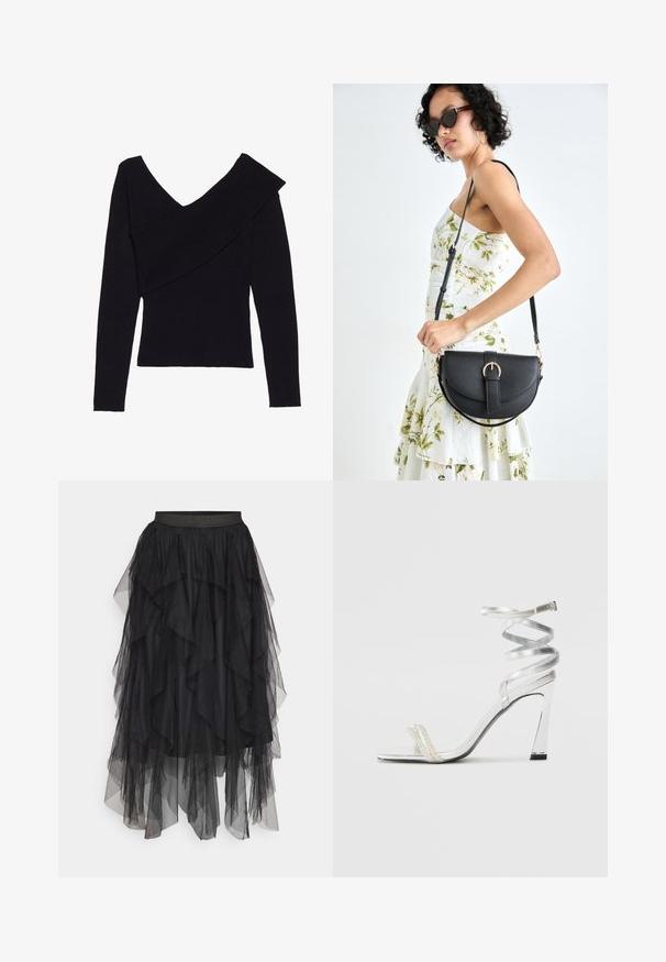 Even&Odd Jumper - black; Black tulle skirt with layered ruffles, featuring an elastic waistband and varying lengths. Sheer texture enhances visual depth.; Silver high-heeled sandal with a shiny strap design, featuring a pearl-like accent and a spiraled ankle strap for secure fit.; Black leather handbag with a curved shape, detachable strap, and gold hardware. The bag features a flap with a buckle detail.
