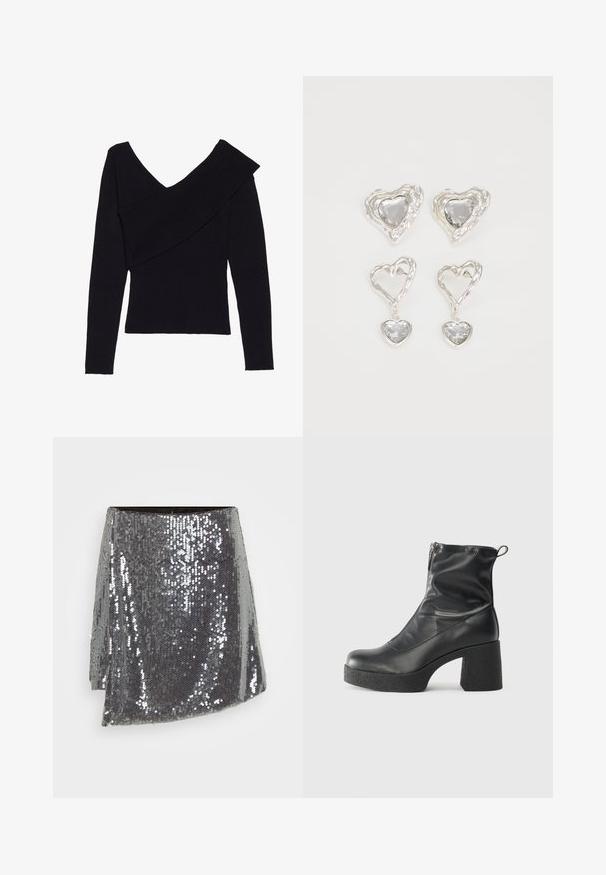 Even&Odd Strikkegenser - black; Sølv paljett mini skjørt med omslagdesign, med en strukturert overflate og en litt asymmetrisk kant.; Svarte ankelstøvler laget av glatt lær, med glidelås på siden, chunky strukturert hæl, og rund tå-design.; Sølv hjerteformede øredobber har fasetterte klare steiner med en teksturert ramme. Sett inkluderer både stud- og hengende stiler.
