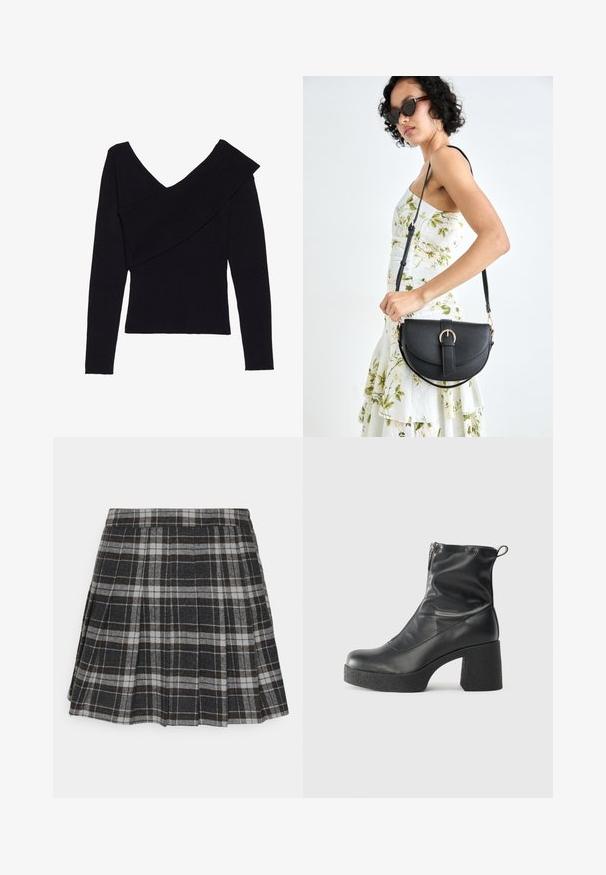 Even&Odd Pulover - black; ONLY ONLCHELSEA CHECK SKIRT - Plisirano krilo - black/white; Črne gležnjarje iz gladke kože z božnim zadrgo, masivnim teksturiranim peto in zaobljeno obliko prstov.; Črna usnjena torbica s ukrivljeno obliko, z odstranljivo naramnico in zlatimi dodatki. Torbica ima pokrov s podrobnostmi v obliki zaponke.