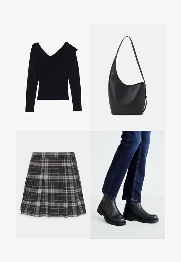 Even&Odd Džemperis - black; ONLY ONLCHELSEA CHECK SKIRT - Klostuotas sijonas - black/white; Juoda odinė kulkšninių botų su storu padu ir šoninėmis elastinėmis detalėmis, derinama su tamsiai mėlynomis džinsais. Žemė šviesios spalvos.; Juodas odinis hobo maišas su lygiu paviršiumi, kreipta forma ir viena reguliuojama rankena; turi platų atidarymą viršuje.