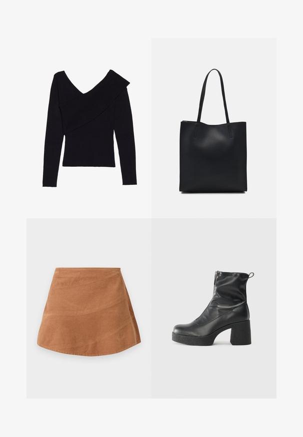 Even&Odd Camisola - black; Saia mini de cotelê castanha com um design evasê, apresentando uma textura suave e linhas verticais discretas do padrão em nervura do tecido.; Botas de tornozelo pretas feitas de couro liso, com fecho lateral, salto grosso texturizado e design de bico arredondado.; Bolsa tote preta em couro com textura lisa, forma retangular e duas alças longas. Sem hardware ou enfeites visíveis.