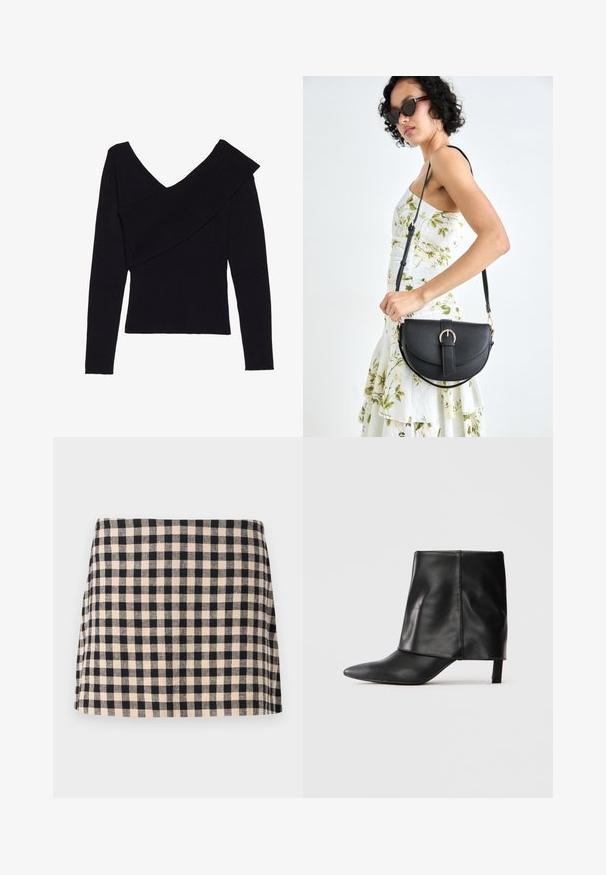 Even&Odd Trui - black; Zwart en crème geruit rokje met een rechte snit, met een zachte textuur en een zoom die boven de knie eindigt. Geen hardware of accenten.; Zwarte leren laars tot halverwege de kuit met een spitse neus, opgevouwen bovenste schacht en slanke lage hak, staand op een witte achtergrond.; Zwarte leren handtas met een gebogen vorm, afneembare schouderband en gouden hardware. De tas heeft een klep met een gespsluiting.