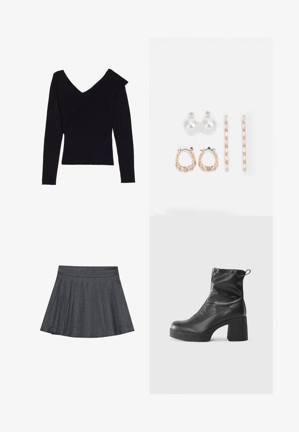 Even&Odd Pulover - black; Siva krpasta krila z gumbnim pasom, razširjenim A-linijskim oblikom in mehkim tekstilom. Vertikalne črte povečujejo vizualno zanimanje.; Črne gležnjarje iz gladke kože z božnim zadrgo, masivnim teksturiranim peto in zaobljeno obliko prstov.; Tri para uhani: veliki beli biserni uhani, zlate obroče s prozornimi dragulji in dva dolga, ravna zlate uhan s svetlečimi podrobnostmi.