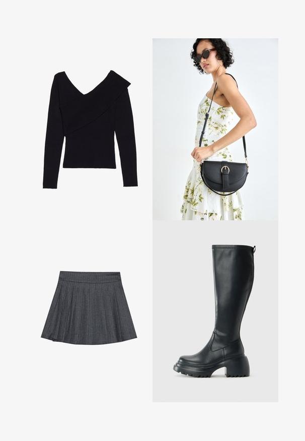 Even&Odd Pulóver - black; Szürke csíkozott korcsolyaszoknya, illeszkedő derékbetéttel, ellapult A-vonalú fazonnal és puha szövet textúrával. A függőleges vonalak fokozzák a vizuális vonzerőt.; Magas fekete bőrcipő, vastag platform talppal és blokk sarokkal, húzófüllel és texturált profillal az outsole-on.; Fekete bőrtáska ívelt formával, levehető pánttal és arany színű fémrészekkel. A táskán egy csattal díszített fedél található.