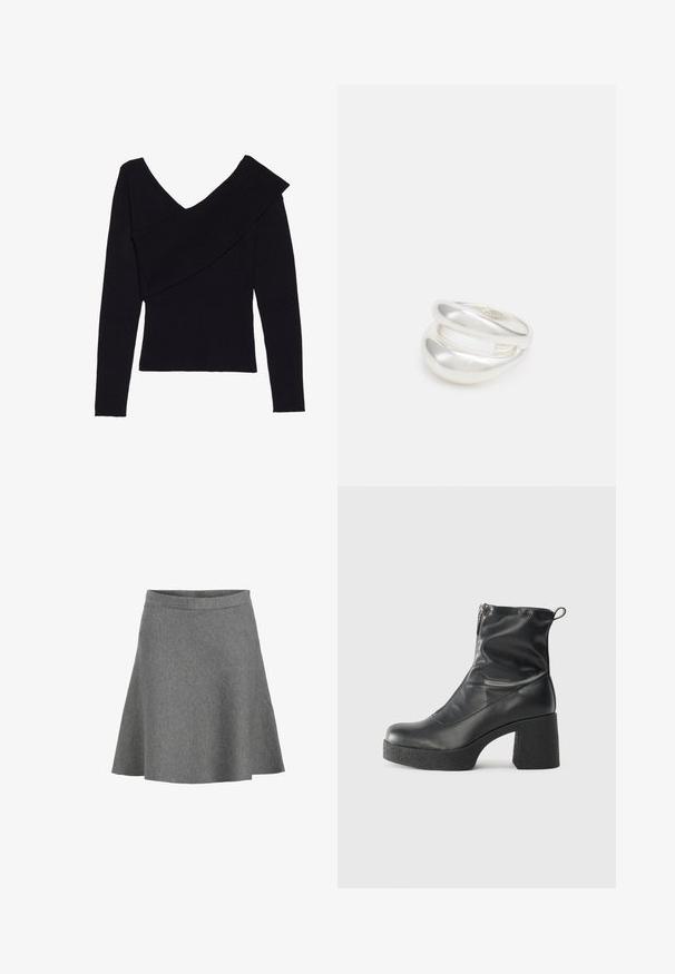 Even&Odd Jumper - black; Gray flared skirt made of soft fabric, featuring a smooth waistband and a hem that gently flares out, with a subtle texture and no patterns.; Black ankle boots made of smooth leather, featuring a side zipper, chunky textured heel, and rounded toe design.; Silver double-band ring with a smooth, polished surface. Features a fluid, curved design with overlapping sections for a modern look.