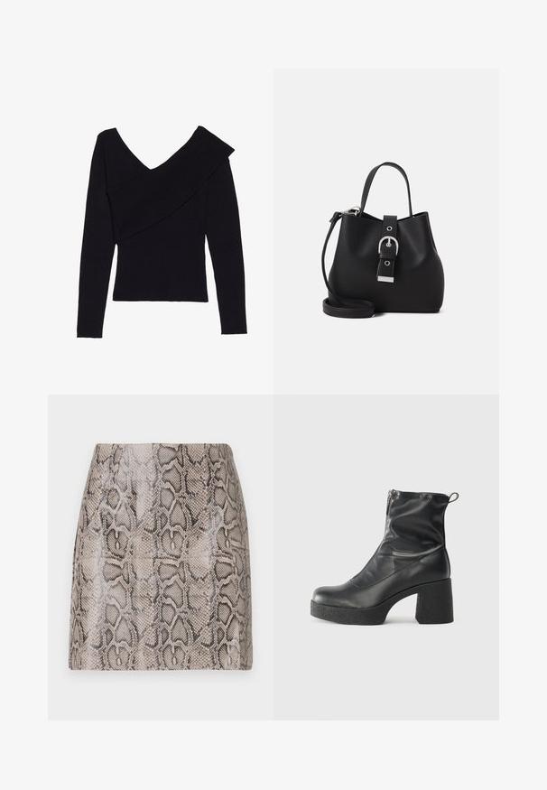 Even&Odd Svetrík - black; Zúžená mini sukňa s lesklou textúrovanou umelou hadou v odtieňoch béžovej a čiernej, s hladkým povrchom a bez viditeľného zapínania.; Čierne členkové topánky z hladkej kože, so bočným zipsom, robustnou textúrovanou pätnou časťou a zaobleným dizajnom špičky.; Čierna kabelka vo forme vedra vyrobená z hladkej kože, s vystuženým tvarom, krátkym uchom a odnímateľným ramenným popruhom. Detail so striebornou sponou.
