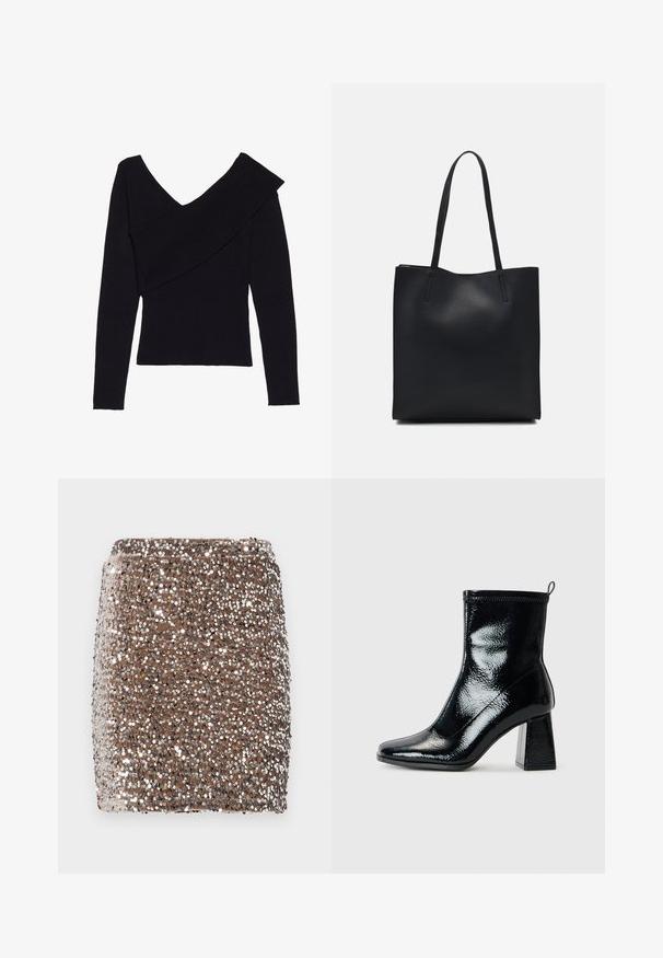 Even&Odd Camisola - black; Mini saia castanha decorada com lantejoulas, com um design justinho, coberta de lantejoulas prateadas refletoras, criando um efeito texturizado e cintilante.; Botim de tornozelo pretos em verniz com bico quadrado e salto geométrico robusto. Apresenta uma textura suave e brilhante, além de uma pega traseira para facilitar o calçar.; Bolsa tote preta em couro com textura lisa, forma retangular e duas alças longas. Sem hardware ou enfeites visíveis.